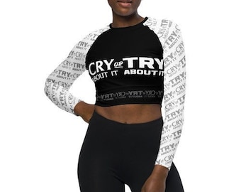 CRY or TRY Athletic Long Sleeve Crop-Top, Eco-friendly Fabric, Black