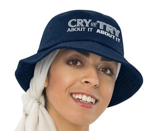 CRY or TRY Denim Bucket Hat Bestickte Outline