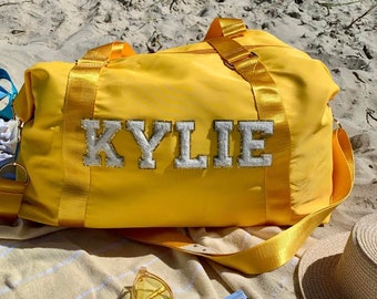 Bag only- Yellow personalized duffle bag with chenille varsity letters perfect for gym, holiday and travel