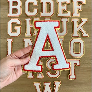 Large white chenille embroidered Iron On Patch, Applique, Diy Name Badge, Alphabet Sequins Patches, Clothing Bags Accessories