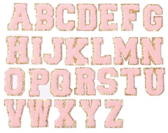 Pink varsity chenille glitter letters, sticker letter patches, self adhesive letter patches, adhesive glitter embroidered letters,