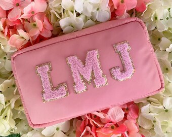 Pouch only -Pink personalised makeup bag customised with varsity letter patches the perfect bridesmaid gift.