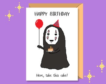 Ghibli Printable Birthday Card | Valentine's Card | Greeting Card | Thank You Card | Pixel Art | Digital Download | No Face