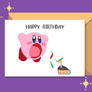 カービィの印刷可能な誕生日カード | バレンタインカード | グリーティングカード | サンキューカード | ピクセルアート | デジタルダウンロード | 任天堂
