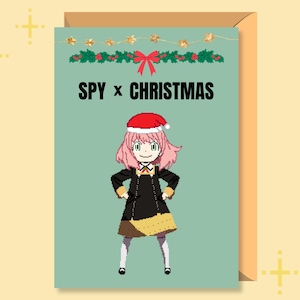 Spy X Familie Anime Druckbare Weihnachtskarte | Danke-Karte | Grußkarte | Frohe Weihnachten | Pixel Kunst | Digitaler Download | Anya Forger
