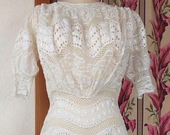 The Most Beautiful, Perfect, Antique 1900's Cutwork-Eyelet-Irish Crochet-Bobbin-Filet-Lace Edwardian Wedding Gown I have Ever Seen! MINT!