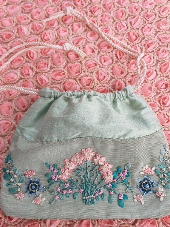 Sweet Antique Little Pouch with Ribbonwork Roses … - image 6