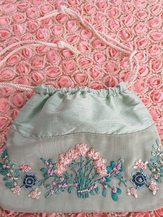 Sweet Antique Little Pouch with Ribbonwork Roses … - image 8