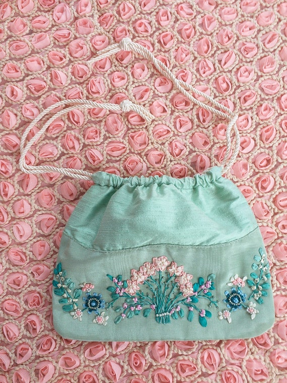 Sweet Antique Little Pouch with Ribbonwork Roses … - image 10