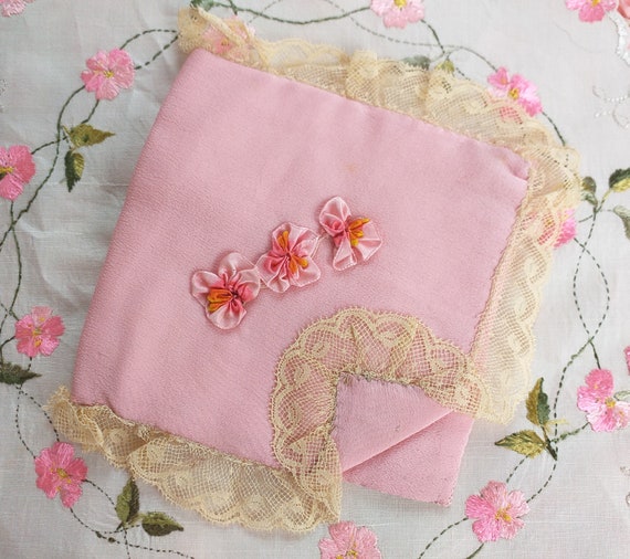 Sweet Little Antique Silk Hanky Keeper with Ribbonwork Pansies
