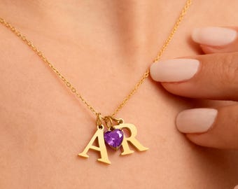 14K Gold Initial Necklace with Birthstone, Custom Letter Necklace, Personalized Necklace, Birthstone Jewelry, Birthday Gift for Her