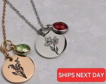 Birth Flower Necklace Birthstone Custom Gift, Engraved Birth Month Necklace, Charm for Her Mom Jewelry, Personalized Gold Necklace