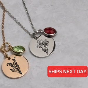 Geburtsblume Halskette Birthstone Kundenspezifisches Geschenk, gravierte Geburts-Monat-Halskette, Charme für ihre Mutter Schmuck, personalisierte Goldkette