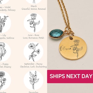 Birthday Flower Necklace for Women Girlfriend Mom Best Friend Birth Flower Engraved Handmade Unique Jewelry Charm Personalized Gift Ideas