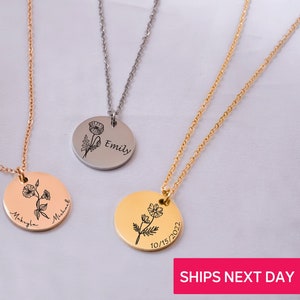 Birth Flower Necklace with Name Engraved Personalized Gift for Her Mom Girlfriend Grandma, Rose Gold Statement Custom Necklace Jewelry