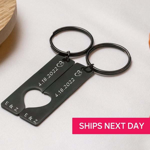 Custom Engraved Heart Couple Keychain Set, Wedding Date Keyring with Coordinates Anniversary Gift Engravable Date Keychain Gift from Him Her