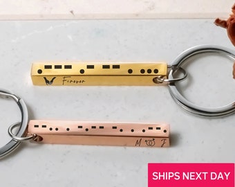 Morse Code 3D Bar Keychain Custom, Personalized Message Coordinates Engraved Keyring Gift for Him Boyfriend Father, Special Word Anniversary