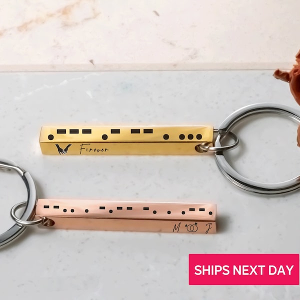 Morse Code 3D Bar Keychain Custom, Personalized Message Coordinates Engraved Keyring Gift for Him Boyfriend Father, Special Word Anniversary