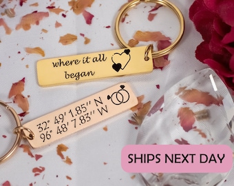 Custom Coordinates Keychain, Where it all began, Custom Message Keychain, Couples Anniversary Gift, Personalized Gift for Him Her