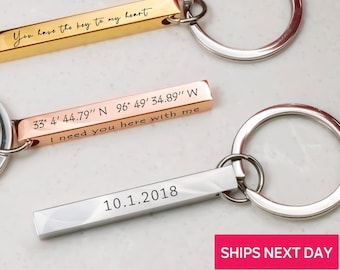 Personalized Location Coordinates 3D Keychain, Engraved Custom Keyring for Couples, Special Gift for Boyfriend 4 Sided Wedding Date