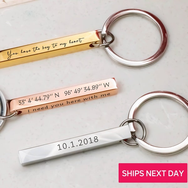 Personalized Location Coordinates 3D Keychain, Engraved Custom Keyring for Couples, Special Gift for Boyfriend 4 Sided Wedding Date
