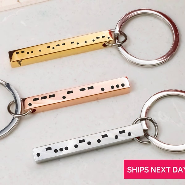 4 Sided Morse Code Secret Message Keychain, Custom 3D Bar Keyring Key Fob, Gift for Her Him, Personalized Morse Code Custom Jewelry