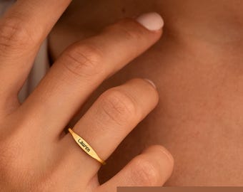 14K Solid Gold Name Ring, Personalized Engraved Dainty Ring, Custom Skinny Band Ring, Minimal Stacking Jewelry, Gift for Her Daily Wear