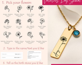 Valentines Day Custom Birth Flower Birthstone Necklace Gift for Her Girlfriend Wife, Personalized Valentines Day Anniversary Dainty Necklace