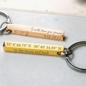 Personalized Location Coordinates 3D Keychain, Engraved Custom Keyring for Couples, Special Gift for Boyfriend 4 Sided Wedding Date zdjęcie 2