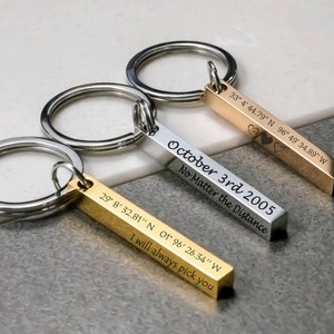 Personalized Location Coordinates 3D Keychain, Engraved Custom Keyring for Couples, Special Gift for Boyfriend 4 Sided Wedding Date zdjęcie 4