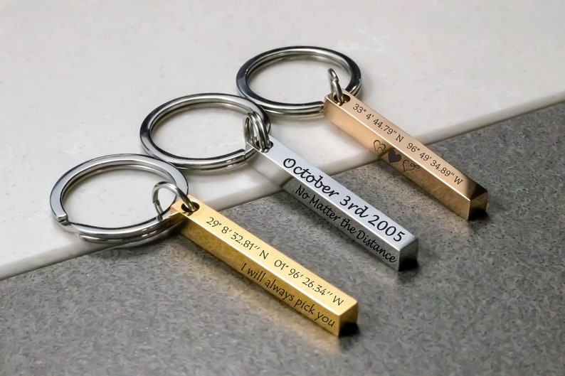 Personalized Location Coordinates 3D Keychain, Engraved Custom Keyring for Couples, Special Gift for Boyfriend 4 Sided Wedding Date zdjęcie 4