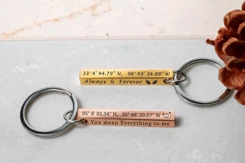 Personalized Location Coordinates 3D Keychain, Engraved Custom Keyring for Couples, Special Gift for Boyfriend 4 Sided Wedding Date zdjęcie 6