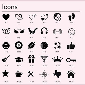 K&ouml;nnte beinhalten: Ein schwarz-wei&szlig;es Grafikdesignblatt mit 30 verschiedenen Symbolen. Die Symbole umfassen Herzen, Ringe, Fl&uuml;gel, H&auml;nde, Kopfh&ouml;rer, Hanteln, Smiley-Gesichter, Sportb&auml;lle, eine Gitarre, eine Studentenm&uuml;tze, eine Geschenkbox, ein medizinisches Symbol, eine Krone, einen Schl&uuml;ssel, einen Stern, eine Kaffeetasse, einen Schraubenschl&uuml;ssel, einen Kompass, einen Texas-Stern und ein Haus.