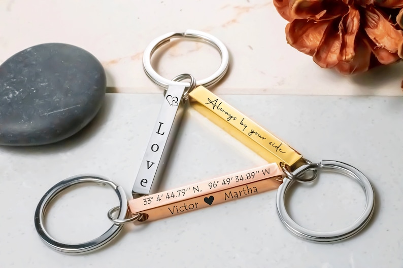 Personalized Location Coordinates 3D Keychain, Engraved Custom Keyring for Couples, Special Gift for Boyfriend 4 Sided Wedding Date zdjęcie 3