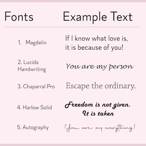 K&ouml;nnte beinhalten: Eine Grafik, die f&uuml;nf verschiedene Schriftarten mit Beispieltext in jeder Schriftart zeigt. Die Schriftarten sind Magdelin, Lucida Handwriting, Chaparral Pro, Harlow Solid und Autography. Der Beispieltext enth&auml;lt S&auml;tze wie "Wenn ich wei&szlig;, was Liebe ist, dann liegt es an dir!" und "Du bist mein Ein und Alles!"