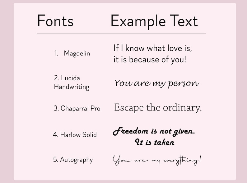 K&ouml;nnte beinhalten: Eine Grafik, die f&uuml;nf verschiedene Schriftarten mit Beispieltext in jeder Schriftart zeigt. Die Schriftarten sind Magdelin, Lucida Handwriting, Chaparral Pro, Harlow Solid und Autography. Der Beispieltext enth&auml;lt S&auml;tze wie "Wenn ich wei&szlig;, was Liebe ist, dann liegt es an dir!" und "Du bist mein Ein und Alles!"