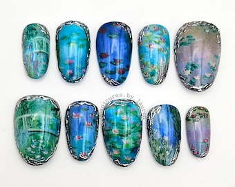 モネにインスパイアされた睡蓮の手描きクロームプレスオンネイルセット