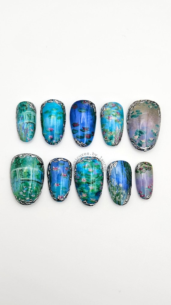 Monet Inspired Water Lillies Hand Painted Chrome Press On Nail Set