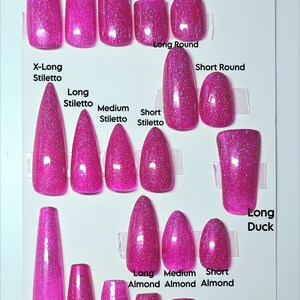 May include: A variety of pink glitter press-on nail shapes are displayed on a white background. The shapes include Long Square, Medium Square, Short Square, X-Short Square, Round Square, Long Round, X-Long Stiletto, Long Stiletto, Medium Stiletto, Short Stiletto, Short Round, Long Duck, Long Almond, Medium Almond, Short Almond, 3XLong Coffin, Long Coffin, Medium Coffin, Short Coffin, and X-Short Coffin.