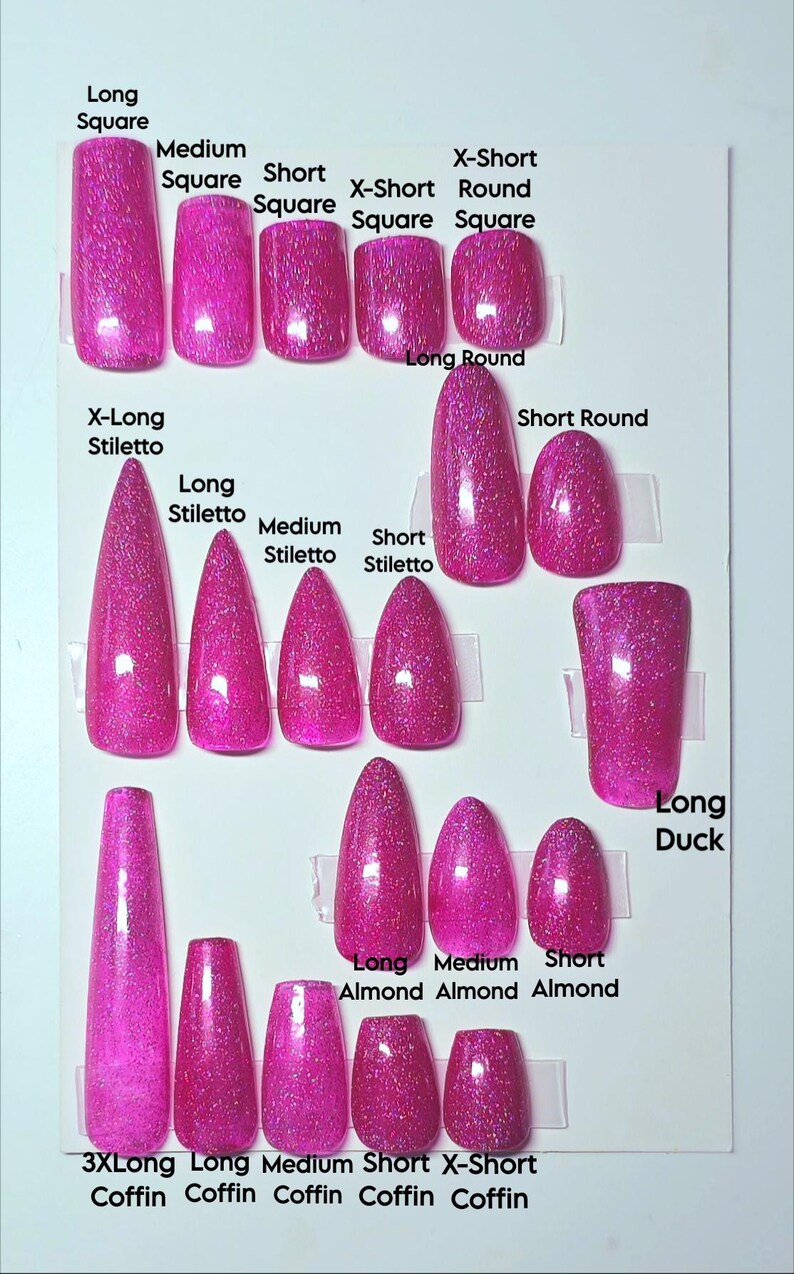May include: A variety of pink glitter press-on nail shapes are displayed on a white background. The shapes include Long Square, Medium Square, Short Square, X-Short Square, Round Square, Long Round, X-Long Stiletto, Long Stiletto, Medium Stiletto, Short Stiletto, Short Round, Long Duck, Long Almond, Medium Almond, Short Almond, 3XLong Coffin, Long Coffin, Medium Coffin, Short Coffin, and X-Short Coffin.