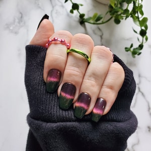 Watermelon Pink & Green Double Cat Eye Velvet Press On Nail Set