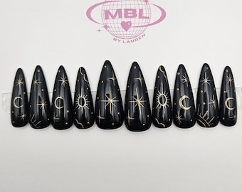 Black & Gold Chrome Celestial Press On Nail Set