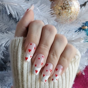 Red Heart French Manicure Valentine&#39;s Day Press On Nail Set