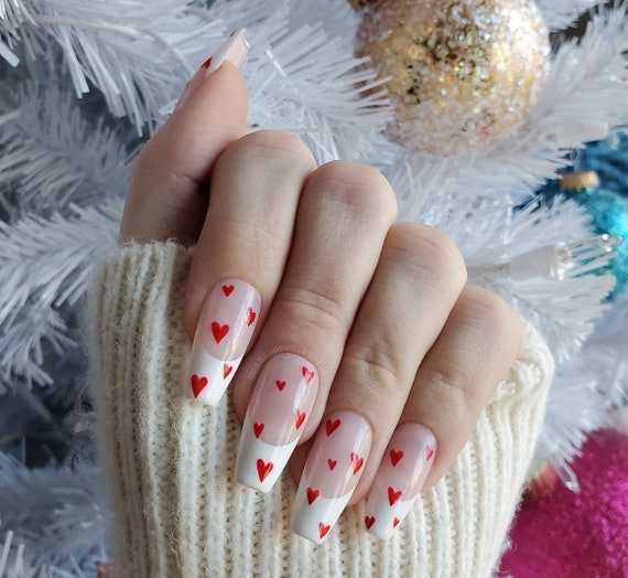 EVER NAIL Valentine No.2 グルー Red Heart French Manicure Valentine's Day Press on Nail Set - Etsy