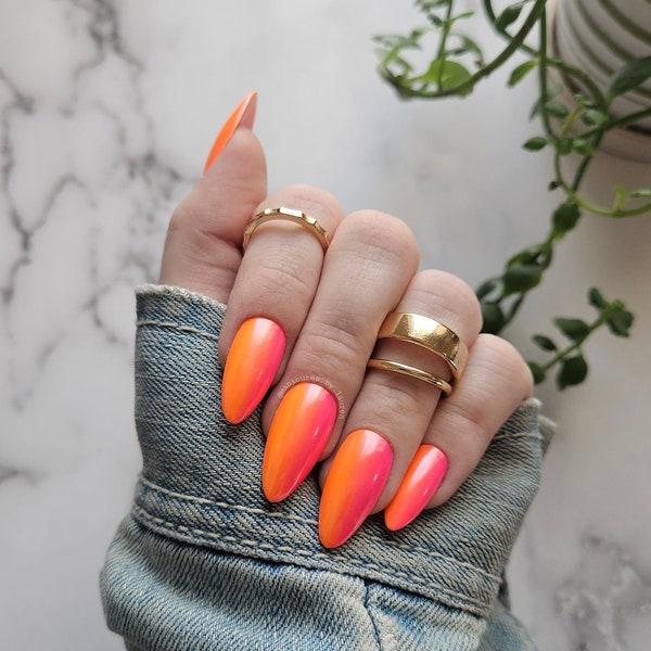 Pink and Orange Glazed Ombre Chrome Press On Nail Set