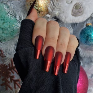 Red Matte Chrome Glossy French Tip Press On Nail Set