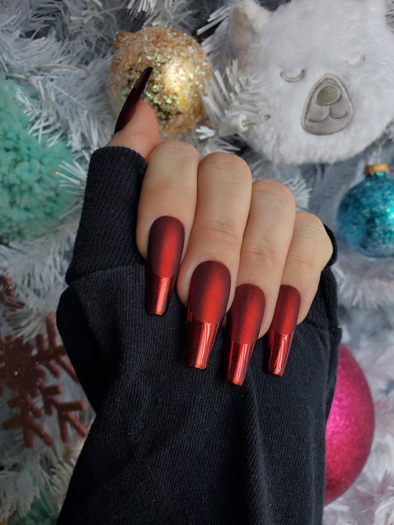 Red Matte Chrome Glossy French Tip Press on Nail Set - Etsy UK
