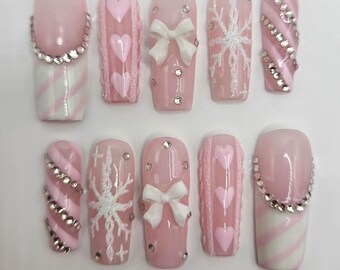 Candy Cane Cutie | White and Pink Winter Themed Press On Nail Set