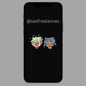 Może przedstawiać: Czarny ekran telefonu z tekstem "@saxfreelances" u g&oacute;ry. Dwie kresk&oacute;wkowe twarze, jedna zielona, a druga brązowa, uśmiechają się do siebie z sercami wok&oacute;ł nich.
