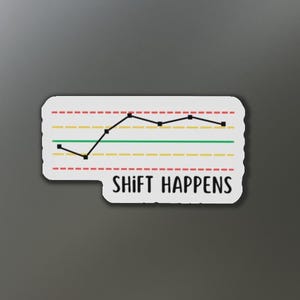 Puede incluir: Un imán blanco con el texto "SHIFT HAPPENS" y un gráfico de líneas negro. El gráfico tiene una línea negra con puntos y está entre una línea verde y una roja. El imán es rectangular con esquinas redondeadas.